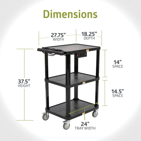 Mobile Utility Cart With Three Shelves And Three Outlets And Eight Foot Cord For Office And Warehouse Use Heavy Duty Workhorse Service Cart With Four Swivel Wheels And Push Handle Black Finish By Pearington with dimensions shown