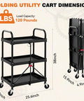 Heavy Duty Three Tier Folding Utility Cart With Four Swivel Wheels And Brakes For Kitchen Office Garage And Garden, 120 Lbs Capacity, Collapsible Rolling Storage Cart, Black From DUMOS, front and folded view with dimensions.