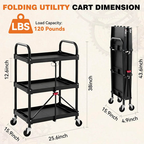 Heavy Duty Three Tier Folding Utility Cart With Four Swivel Wheels And Brakes For Kitchen Office Garage And Garden, 120 Lbs Capacity, Collapsible Rolling Storage Cart, Black From DUMOS, front and folded view with dimensions.
