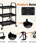 Heavy Duty Three Tier Folding Utility Cart With Four Swivel Wheels And Brakes For Kitchen Office Garage And Garden, 120 Lbs Capacity, Collapsible Rolling Storage Cart, Black From DUMOS