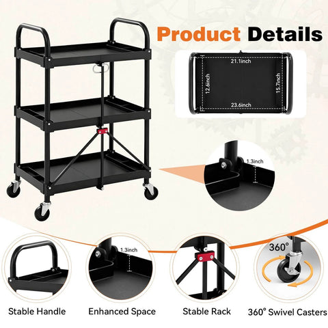 Heavy Duty Three Tier Folding Utility Cart With Four Swivel Wheels And Brakes For Kitchen Office Garage And Garden, 120 Lbs Capacity, Collapsible Rolling Storage Cart, Black From DUMOS
