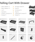 3 Tier Rolling Utility Cart With Drawer On Wheels For Kitchen Bathroom Living Room And Office Must Have Space Saving Multi Functional Storage Organizer Black By REBECAT with parts listed