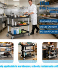 Heavy Duty Three Tier Rolling Utility Cart With Four Anti Tangling Lockable Quiet Casters And 540 Pound Capacity in use.
