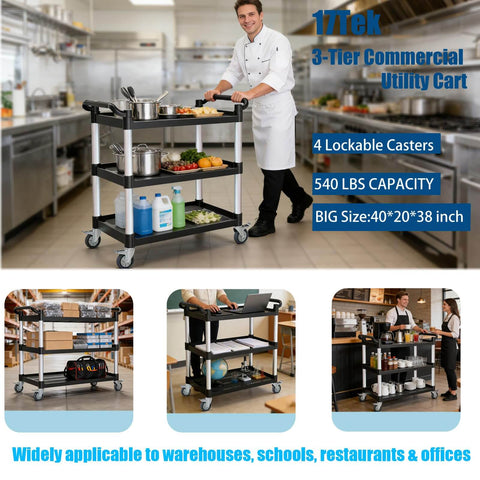 Heavy Duty Three Tier Rolling Utility Cart With Four Anti Tangling Lockable Quiet Casters And 540 Pound Capacity in use.