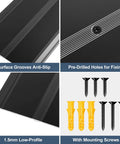 Aluminum Metal Door Threshold details showing anti-slip grooves, pre-drilled holes, low-profile, and included mounting screws