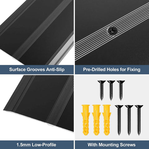 Aluminum Metal Door Threshold details showing anti-slip grooves, pre-drilled holes, low-profile, and included mounting screws