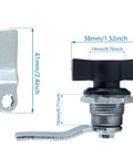 Two thumb operated offset cam locks with black handles provide quick keyless security for cabinets and more, shown with measurements.