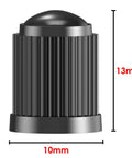 Side view of a black tire valve cap with ribbed top and dimensions, part of 30 Pack Universal Tire Valve Caps With O Ring For Cars SUVs Trucks Motorcycles Bicycles And More Airtight Seal Heavy Duty Black Easy To Install With Ribbed Striped Top For Firm Grip And Long Lasting Dust Protection.