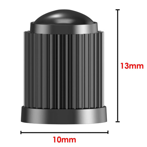 Side view of a black tire valve cap with ribbed top and dimensions, part of 30 Pack Universal Tire Valve Caps With O Ring For Cars SUVs Trucks Motorcycles Bicycles And More Airtight Seal Heavy Duty Black Easy To Install With Ribbed Striped Top For Firm Grip And Long Lasting Dust Protection.