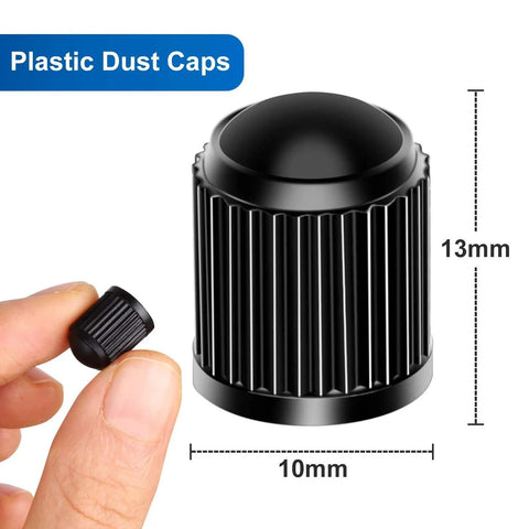 Close-up of black plastic valve stem caps with sealing ring, 13mm tall, 10mm wide. Upgraded Valve Stem Caps With Sealing Ring For Cars Motorbikes Trucks Bicycles Universal Fit Black 24 Pack Dustproof And Waterproof To Prevent Air Leakage On Long Rugged Drives In Any Weather Conditions.