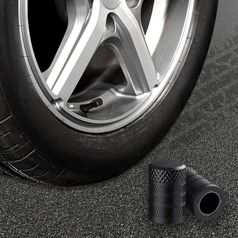 Tire Valve Stem Caps Black Anodized Aluminum Set 4 Pack with Plastic Inner Valve on car wheel for corrosion resistance