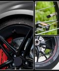 4 Piece Black Anodized Aluminum Plastic Composite Tire Valve Stem Caps With Integrated Plastic Sleeve on car and bicycle wheels