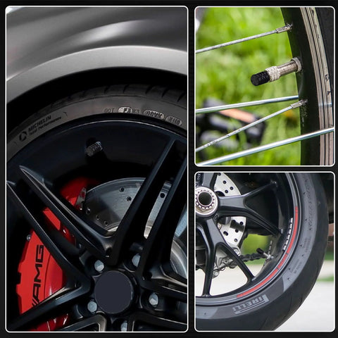 4 Piece Black Anodized Aluminum Plastic Composite Tire Valve Stem Caps With Integrated Plastic Sleeve on car and bicycle wheels