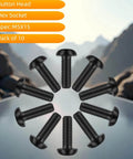 TIRYTU 10PCS Titanium Bolts M5x15mm in black with hex socket and button head, arranged in a circular pattern, suitable for humid/salty environments.