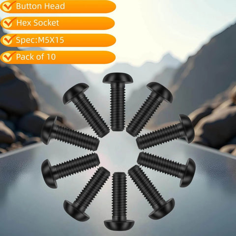 TIRYTU 10PCS Titanium Bolts M5x15mm in black with hex socket and button head, arranged in a circular pattern, suitable for humid/salty environments.
