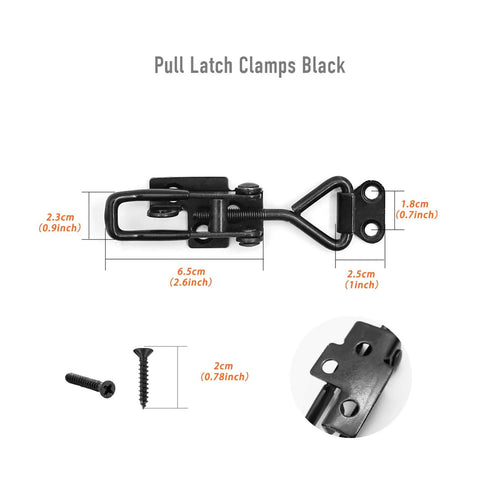 Adjustable Black Toggle Clamp Latch Set With Lock Hole And 550 Lbs Holding Capacity, shown with screw measurements and close-up