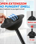 Hand holding powerful toilet plunger with holder, showcasing double layer seal delivering ultra tight drain grip, black 19-inch.