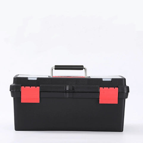 Black toolbox with red latches and a silver handle, featuring Two Pack Silver Spring Loaded Heavy Duty Handles With Stainless Steel Construction.