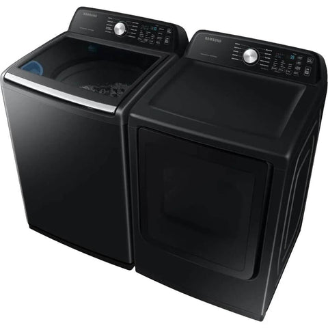 Smart Laundry Bundle With 4.7 Cu Ft Top Load Washer And 7.4 Cu Ft Electric Dryer WaterJet System Sensor Drying Prevents Overdrying Low Vibration Quiet Wash Includes Power Cords Hoses Vent Duct And 1 Year CPS Protection Black visible in a side view