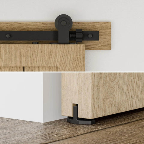 80" Sliding Barn Door Hardware Kit with black T shape hanger, installed on wooden door, close-up view of top mount track