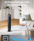 Ultra Quiet Bladeless Tower Fan With Upgraded DC Motor And TurboWind Technology Delivers 28 Feet Per Second Airflow, 20dB Silent Operation, 8 Speeds And 4 Modes, 90 Degree Oscillation, Remote, Indoor Floor Fan In Black From DREO in modern living room setting