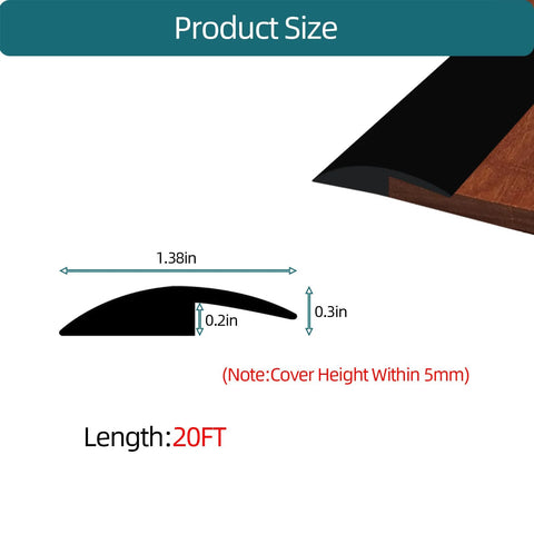 Product size diagram for Carpet Floor Transition Strip, Self-Adhesive Carpet to Tile Transition Edging Trim, Black, 20Ft length, 5mm cover height.
