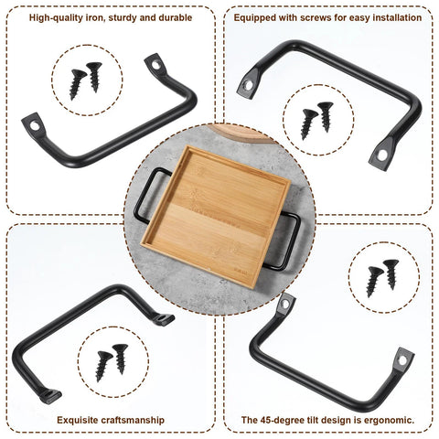 Black Side Mounted Tray Handle Set With Two Metal Pulls And Four Screws for DIY projects, shown with serving tray and installation view