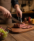 Black Side Mounted Tray Handle Set With Two Metal Pulls And Four Screws For Cutting Boards Trays in use on wooden serving board