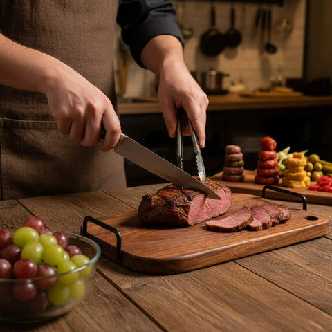 Black Side Mounted Tray Handle Set With Two Metal Pulls And Four Screws For Cutting Boards Trays in use on wooden serving board