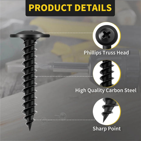 220 PCS #8 Truss Head Black Wood Screws Assortment Kit with Phillips Drive High Hardness Screws, close-up on screw features