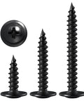250 Count Black Truss Head Wood Screws 1 Inch Self Tapping Carbon Steel With Black Phosphate Coating, various screw sizes shown