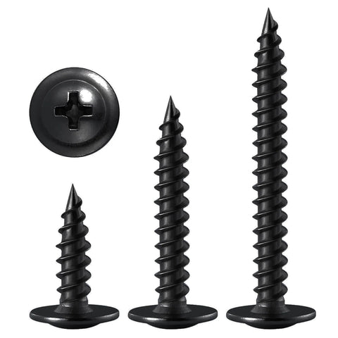 250 Count Black Truss Head Wood Screws 1 Inch Self Tapping Carbon Steel With Black Phosphate Coating, various screw sizes shown