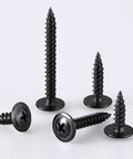 250 Count Black Truss Head Wood Screws 1 Inch Self Tapping Carbon Steel With Black Phosphate Coating, five screws displayed