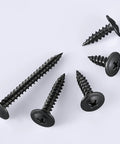 250 Count Black Truss Head Wood Screws 1 Inch Self Tapping Carbon Steel With Black Phosphate Coating scattered on white surface
