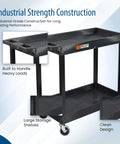 32 Inch Tub Storage Cart With Two Shelves Black Built For Maximum Capacity Ergonomic Top Handle And Super Handy Maneuver Four Swivel Casters With Two Locking Brakes Molded Plastic Shelves And Legs Won't Stain Scratch Dent Or Rust showcasing industrial construction