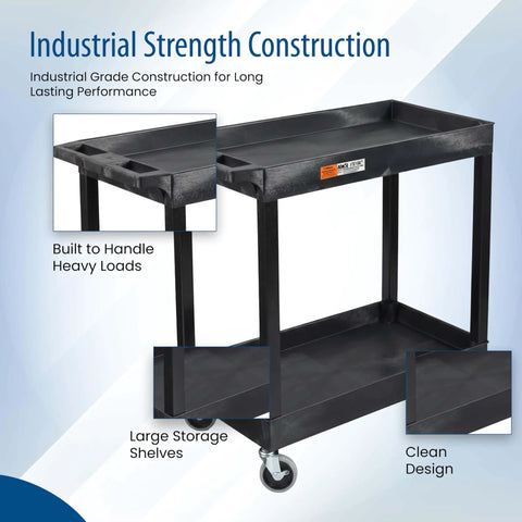 32 Inch Tub Storage Cart With Two Shelves Black Built For Maximum Capacity Ergonomic Top Handle And Super Handy Maneuver Four Swivel Casters With Two Locking Brakes Molded Plastic Shelves And Legs Won't Stain Scratch Dent Or Rust showcasing industrial construction