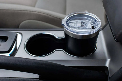 Double Wall Vacuum Insulated Travel Tumbler 20 oz in car cup holder, keeps drinks hot or cold, stainless steel, magnetic slide lid