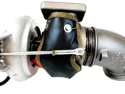Black Turbo Blanket For HE351CW HY35W Turbochargers Shields Direct Heat Up To 2500 Degrees Fahrenheit installed on turbine
