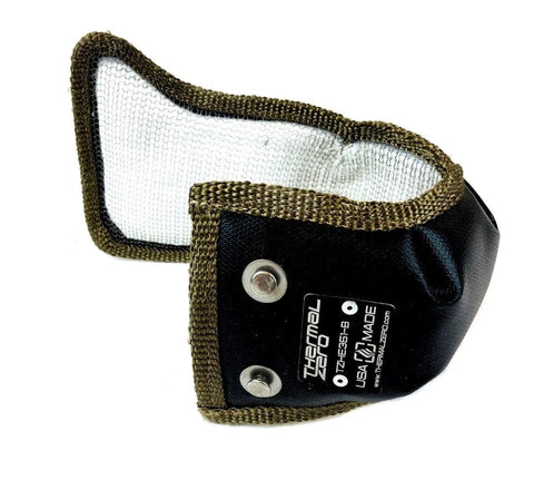 Black Turbo Blanket For HE351CW HY35W Turbochargers with stainless steel caps and durable insulation, inner white lining visible