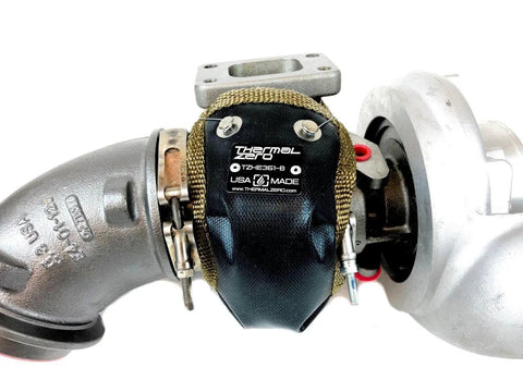 Black Turbo Blanket For HE351CW HY35W Turbochargers Shields Direct Heat Up To 2500 Degrees Fahrenheit installed close-up.