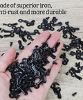 Picture Frame Turn Button Fasteners Set With 100 Backing Clips And 100 Screws For Hanging Pictures Photos And Drawings Black Finish Easy Install And Durable Frame Hardware For Quick Hang By PinCute in hand and scattered on wooden surface