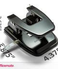 Two Hole Paper Punch 30 Sheet Capacity Black with Adjustable Guide and Easy Chip Tray, side view with measurements