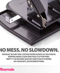 Close-up of black Two Hole Paper Punch 30 Sheet Capacity with adjustable guide and easy chip tray on an office desk surface.