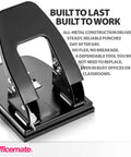 Two Hole Paper Punch 30 Sheet Capacity Black For Office And School With Adjustable Guide And Easy Chip Tray shown in close-up view