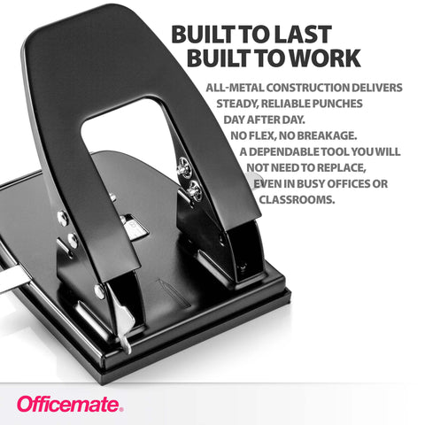 Two Hole Paper Punch 30 Sheet Capacity Black For Office And School With Adjustable Guide And Easy Chip Tray shown in close-up view