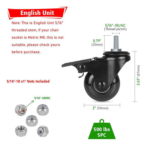 Two Inch Lockable Caster With Five Sixteenth Inch 18UNC Threaded Stem, Five Pack, brake equipped swivel caster with lock nuts