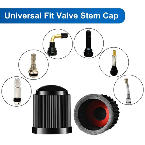 Universal fit black valve stem cap with sealing ring, shown with various valve types, key feature of Upgraded Valve Stem Caps With Sealing Ring For Cars Motorbikes Trucks Bicycles Universal Fit Black 24 Pack Dustproof And Waterproof To Prevent Air Leakage On Long Rugged Drives In Any Weather Conditions.