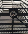 Close-up of Stainless Steel Utensil Basket, Dishwasher, Flatware Basket, Black, showing locking handle and mesh compartments.