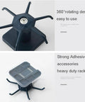 Close-up of 2pcs Under Cabinet Kitchen Utensil Rack showing 360° rotating hooks and strong adhesive base, black.