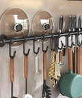 Modern Kitchen Utensil Rack, Black Wall-Mounted Hanging Rod with 6 Movable Hooks, 15.75 Inch Metal Storage Organizer